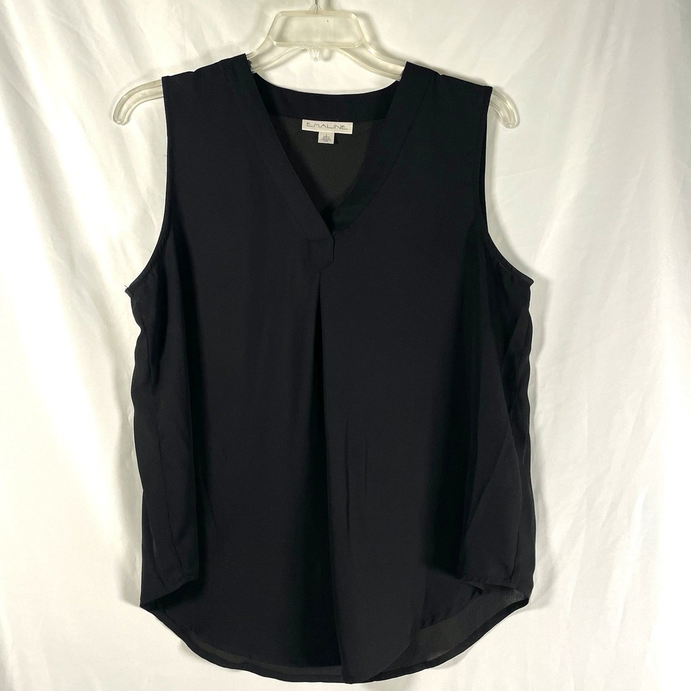 Emaline Top Womens L Black Tank Scoop Neck Sleeveless V-Neck Blouse Shirt Career